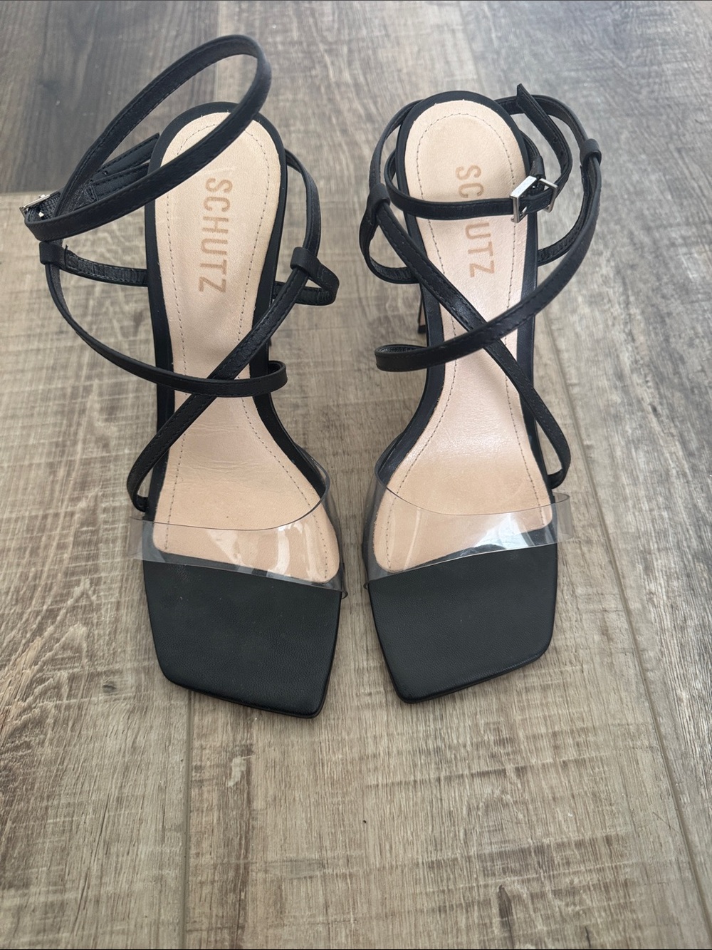 SCHUTZ Black Strappy Square-Toe Heels with Clear Toe Band
